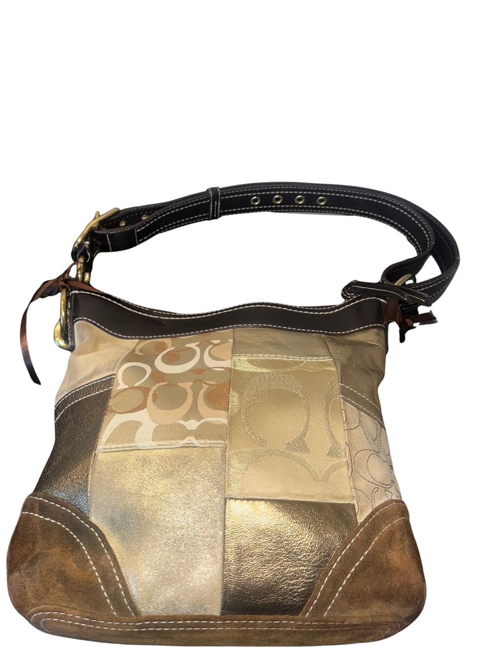 Coach Patchwork Suede Metallic Beige & Brown Crossbody Bag - Picture 3 of 12